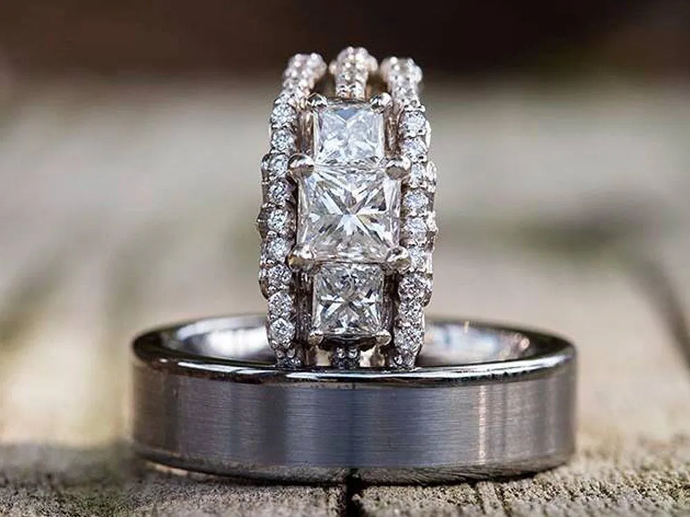Three-stone princess-cut diamond engagement ring
